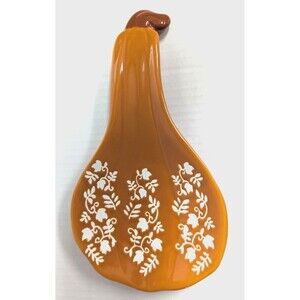 Pumpkin Gourd Spoon Rest Utensil Holder Orange White Flowers Kitchen Ceramic NEW